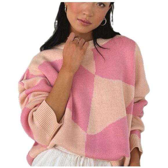 Altar'd State Women's Pink Color Block Geometric Pullover Sweater. Size L - Picture 1 of 5